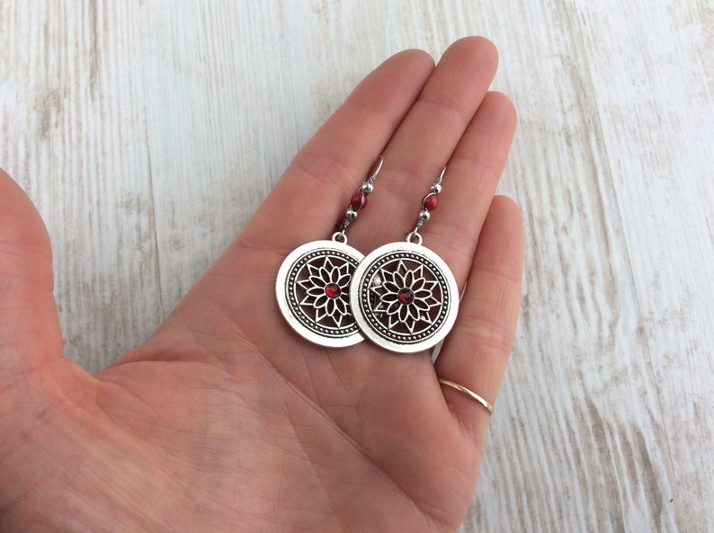 Silver Mandala Charm Earrings, Red Bead, Latch Back, Kidney Wires, Flower, Bright Red, Bohemian, Boho, Wire Wrapped, UK, Secure, Unique image 5