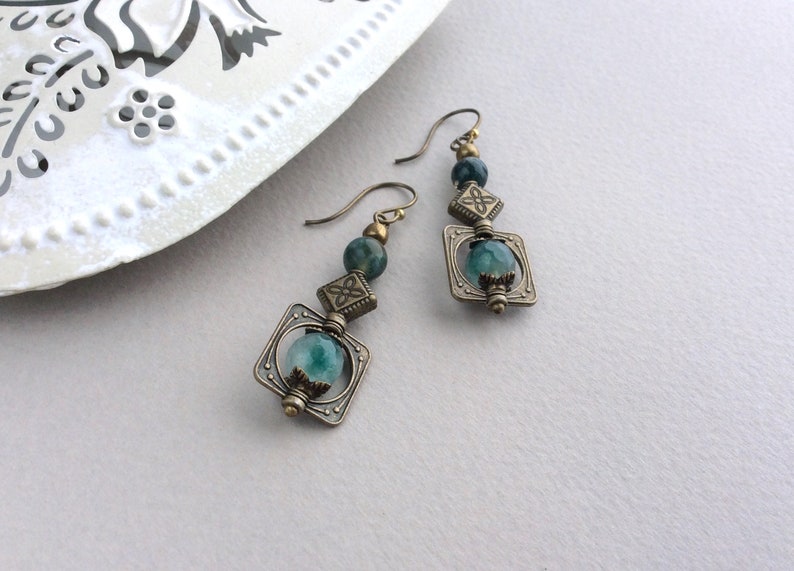 Short Boho Earrings, Bronze Earrings, Bohemian Jewellery, Green Bead, Geometric, Long Drop, Tribal Earrings, Ethnic Earrings, Antique Style image 2