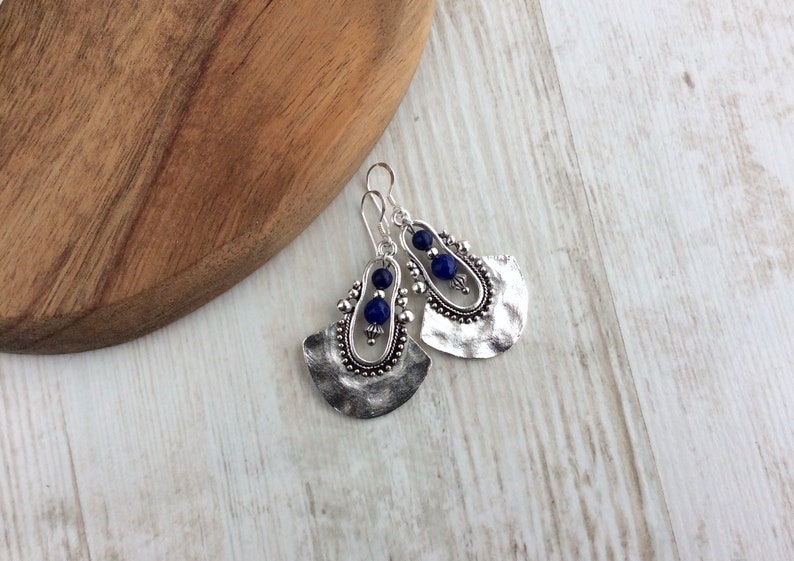 Tribal Earrings, Silver Drop Earrings, Dark Blue Bead Earrings, Ethnic Earrings, Boho Earrings UK, Long Drop, Large Earring, Sterling Silver immagine 4