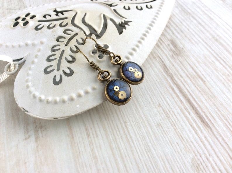 Small Blue Earrings, Blue Drop, Blue Earrings, Pocket Watch Earrings, Cute Earrings, Small Steampunk Earrings, Bronze, Unusual Earrings Bild 5