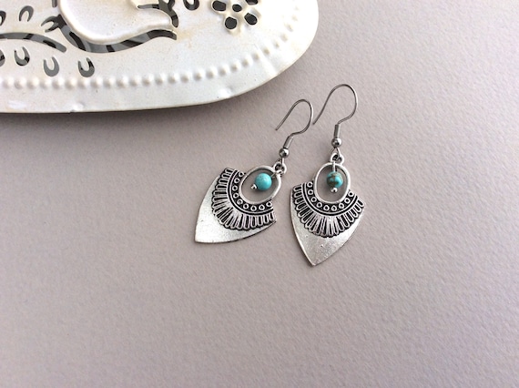 Turquoise Drop Earrings, Egyptian Earrings, Tribal Earrings, Antique Silver Earrings, Everyday Earrings, Bohemian Earrings, Boho, Arrow Head