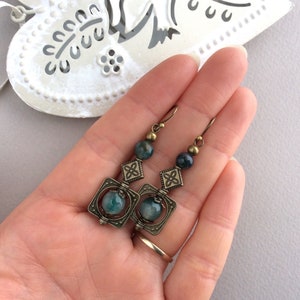 Short Boho Earrings, Bronze Earrings, Bohemian Jewellery, Green Bead, Geometric, Long Drop, Tribal Earrings, Ethnic Earrings, Antique Style image 3