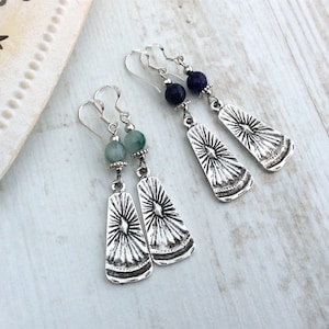 Silver Boho Earrings, Ethnic Festival, Rustic Earrings, Green Agate Bead, Dangle Bohemian Earrings, Blue, Sunburst, Antique Silver, UK image 7