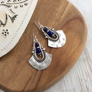 Tribal Earrings, Silver Drop Earrings, Dark Blue Bead Earrings, Ethnic Earrings, Boho Earrings UK, Long Drop, Large Earring, Sterling Silver image 2