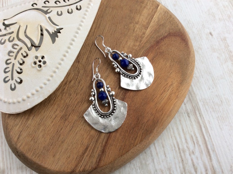 Tribal Earrings, Silver Drop Earrings, Dark Blue Bead Earrings, Ethnic Earrings, Boho Earrings UK, Long Drop, Large Earring, Sterling Silver immagine 2
