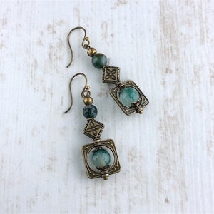 Short Boho Earrings, Bronze Earrings, Bohemian Jewellery, Green Bead, Geometric, Long Drop, Tribal Earrings, Ethnic Earrings, Antique Style image 5