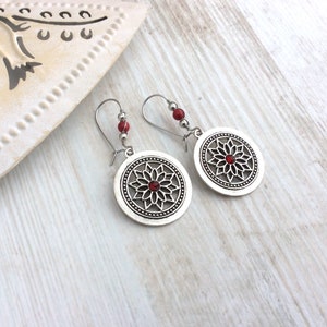 Silver Mandala Charm Earrings, Red Bead, Latch Back, Kidney Wires, Flower, Bright Red, Bohemian, Boho, Wire Wrapped, UK, Secure, Unique image 6