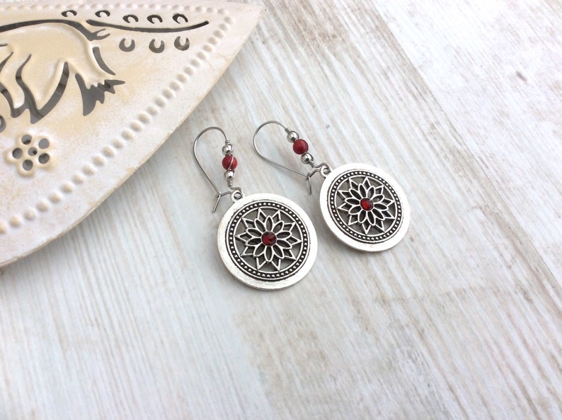 Silver Mandala Charm Earrings, Red Bead, Latch Back, Kidney Wires, Flower, Bright Red, Bohemian, Boho, Wire Wrapped, UK, Secure, Unique image 6