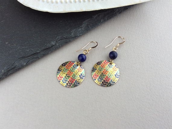 Gold Disc Earrings, Flower Earrings, Vine Flowers, Leaf Earrings, Blue Lapis Lazuli, Multicolour Earrings, Hypoallergenic, Light Earrings UK