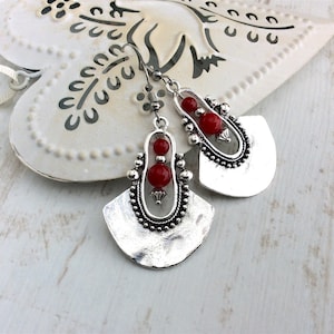 Red Drop Earrings, Boho Earrings, Long Drop, Large Earrings, Sterling Silver, Tribal Earrings, Red Bead, Ethnic Earrings, Bright Red image 4