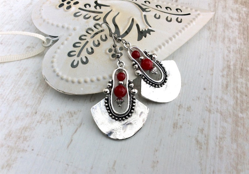 Red Drop Earrings, Boho Earrings, Long Drop, Large Earrings, Sterling Silver, Tribal Earrings, Red Bead, Ethnic Earrings, Bright Red image 4