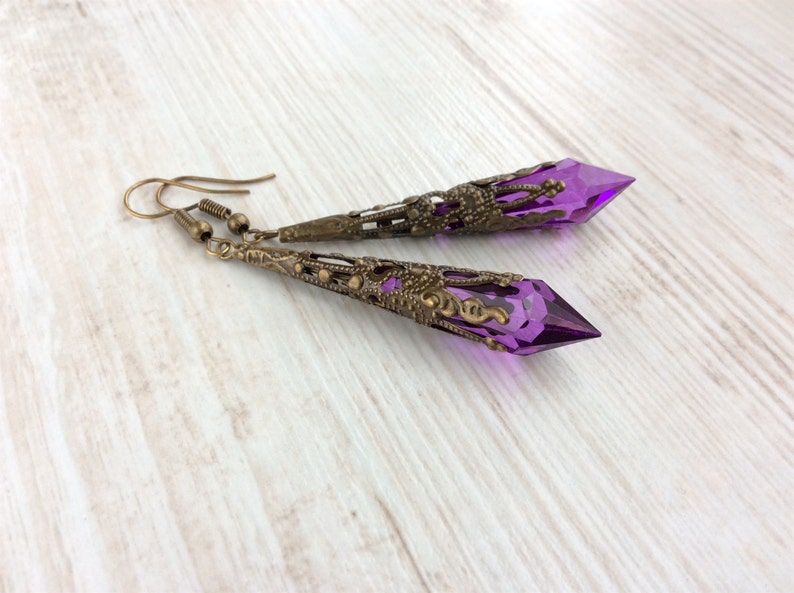 Purple Dangle Earrings, Renaissance Earrings, Downton Abbey Jewellery, Elegant Victorian Jewellery, Art Deco Earrings, Filigree Earrings image 2