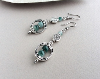 Green Boho Earrings, Silver Bohemian Earrings, Geometric Dangle Earrings, Festival Earrings, Ethnic Ornate Drops, Natural Green Stones, UK