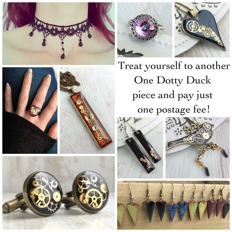 May include: A collage of handmade jewelry including a purple lace choker, rings, necklaces, earrings, and cufflinks. The jewelry features gears, hearts, and other decorative elements. The text in the image says "Treat yourself to another One Dotty Duck piece and pay just one postage fee!"