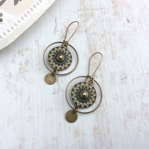 Bronze Boho Earrings, Circle Earrings, Kidney Wires, Vintage Drop Earrings, Bohemian Disc Earrings, Festival, Ethnic Jewellery, Hoops, UK image 7