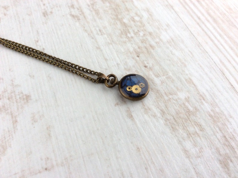 Pocket Watch Necklace, Time Travel, Bronze Necklace, Cute Necklace, Small Pendant, Resin, Watch Parts, Steampunk, Dark Blue, Unique, Unusual image 2