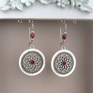 Silver Mandala Charm Earrings, Red Bead, Latch Back, Kidney Wires, Flower, Bright Red, Bohemian, Boho, Wire Wrapped, UK, Secure, Unique image 8