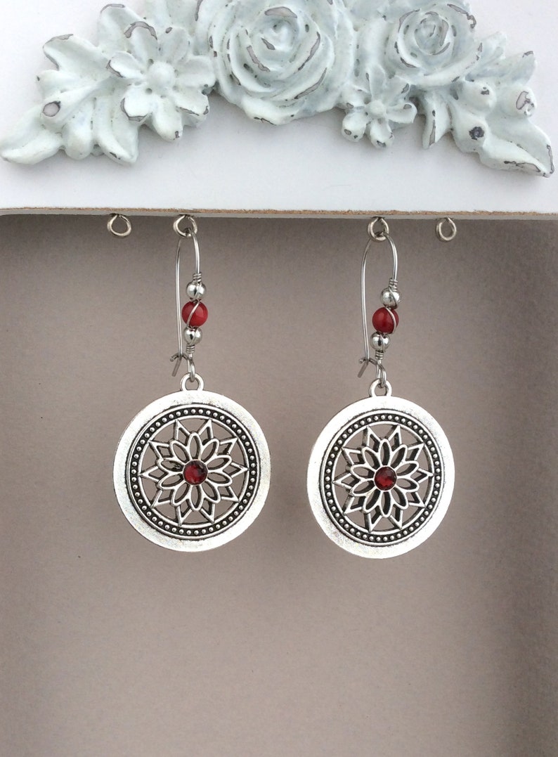 Silver Mandala Charm Earrings, Red Bead, Latch Back, Kidney Wires, Flower, Bright Red, Bohemian, Boho, Wire Wrapped, UK, Secure, Unique image 8