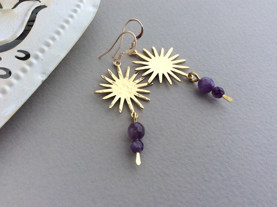Sun Earrings, Raw Brass Earrings, Amethyst Earrings, 14K Gold Wires, Celestial, Hammered Brass, Purple Earrings, Boho, Bohemian, Sunburst