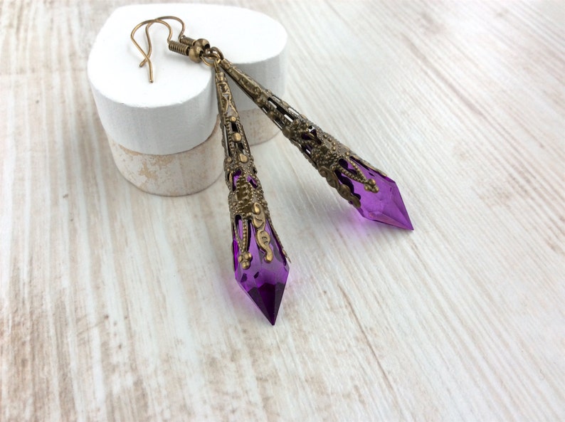 Purple Dangle Earrings, Renaissance Earrings, Downton Abbey Jewellery, Elegant Victorian Jewellery, Art Deco Earrings, Filigree Earrings image 5