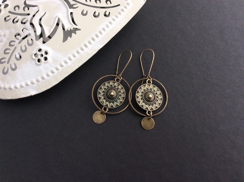 Bronze Boho Earrings, Circle Earrings, Kidney Wires, Vintage Drop Earrings, Bohemian Disc Earrings, Festival, Ethnic Jewellery, Hoops, UK image 1