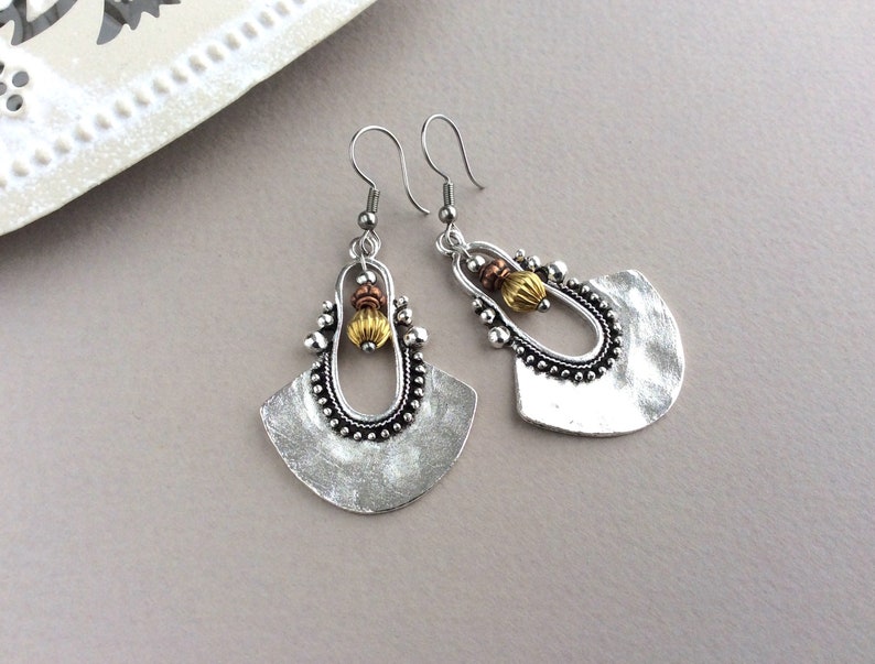 Ethnic Earrings, Mixed Metal Earrings, Silver Bib Earrings, Brass, Copper, Sterling Silver, Tribal, Summer, Bohemian Style, Boho Earrings UK image 1