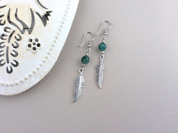 Feather Earrings, African Turquoise, Native American, Silver Feather Earrings, Boho Earrings, Amethyst, Red, Blue, Festival, Wing, Angel