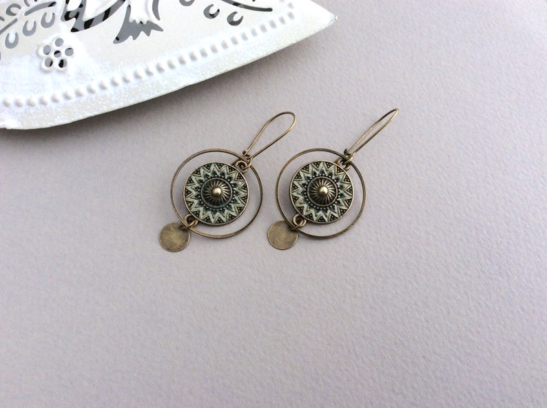 Bronze Boho Earrings, Circle Earrings, Kidney Wires, Vintage Drop Earrings, Bohemian Disc Earrings, Festival, Ethnic Jewellery, Hoops, UK image 2