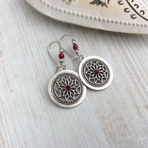 Silver Mandala Charm Earrings, Red Bead, Latch Back, Kidney Wires, Flower, Bright Red, Bohemian, Boho, Wire Wrapped, UK, Secure, Unique image 4