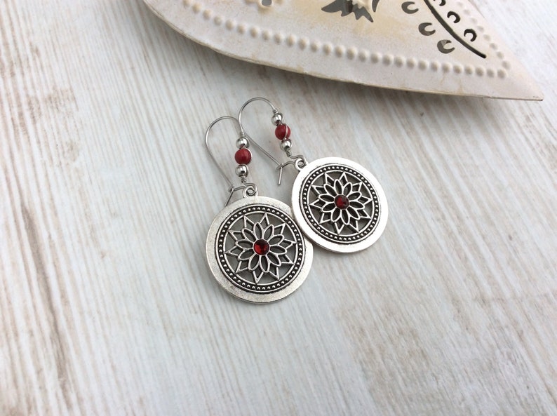 Silver Mandala Charm Earrings, Red Bead, Latch Back, Kidney Wires, Flower, Bright Red, Bohemian, Boho, Wire Wrapped, UK, Secure, Unique image 4