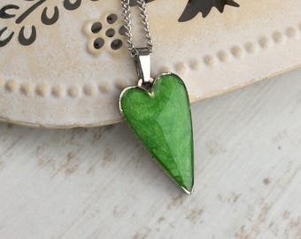 Small Green Heart Necklace, Valentine, Bright Green Pendant, Resin Heart, Gift for Girlfriend, Wife, Leather Choker, Pewter, Love, UK