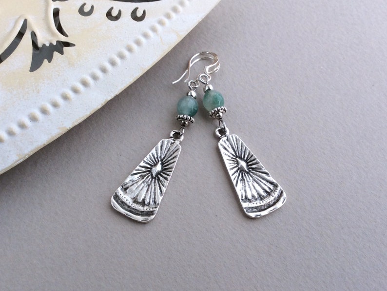 Silver Boho Earrings, Ethnic Festival, Rustic Earrings, Green Agate Bead, Dangle Bohemian Earrings, Blue, Sunburst, Antique Silver, UK image 3