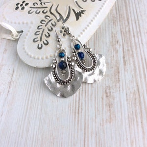 Tribal Earrings, Silver Drop Earrings, Dark Blue Bead Earrings, Ethnic Earrings, Boho Earrings UK, Long Drop, Large Earring, Sterling Silver image 5