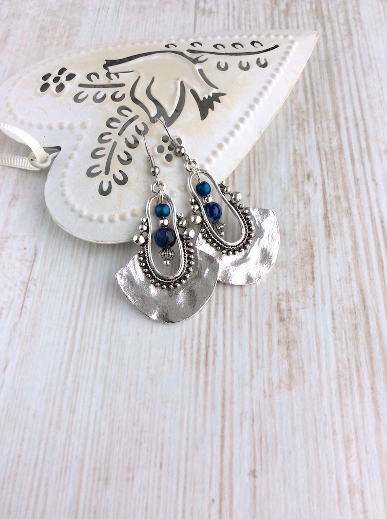 Tribal Earrings, Silver Drop Earrings, Dark Blue Bead Earrings, Ethnic Earrings, Boho Earrings UK, Long Drop, Large Earring, Sterling Silver image 5