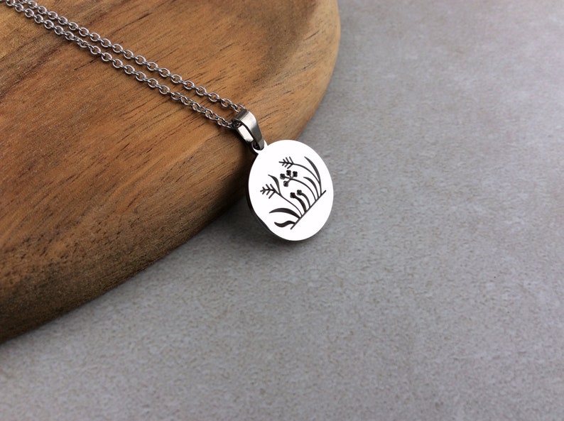 Puede incluir: Un collar plateado con un colgante circular. El colgante presenta un dibujo lineal negro de plantas estilizadas. La cadena es delicada y descansa sobre una superficie de madera.