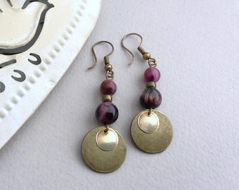 Pink Cats Eye Earrings, Boho Earrings, Bronze Disc Earrings, Bohemian Drops, Hammered Discs, Unique Dangles, Ethnic, Earrings Necklace Set