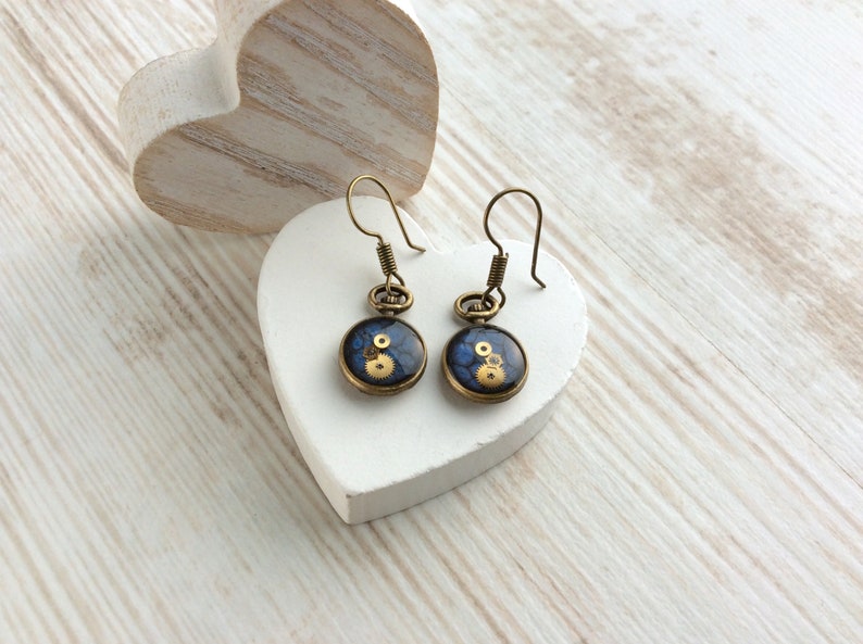 Small Blue Earrings, Blue Drop, Blue Earrings, Pocket Watch Earrings, Cute Earrings, Small Steampunk Earrings, Bronze, Unusual Earrings Bild 4