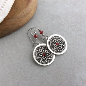 Silver Mandala Charm Earrings, Red Bead, Latch Back, Kidney Wires, Flower, Bright Red, Bohemian, Boho, Wire Wrapped, UK, Secure, Unique image 7