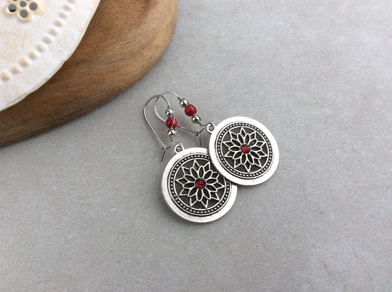 Silver Mandala Charm Earrings, Red Bead, Latch Back, Kidney Wires, Flower, Bright Red, Bohemian, Boho, Wire Wrapped, UK, Secure, Unique image 7