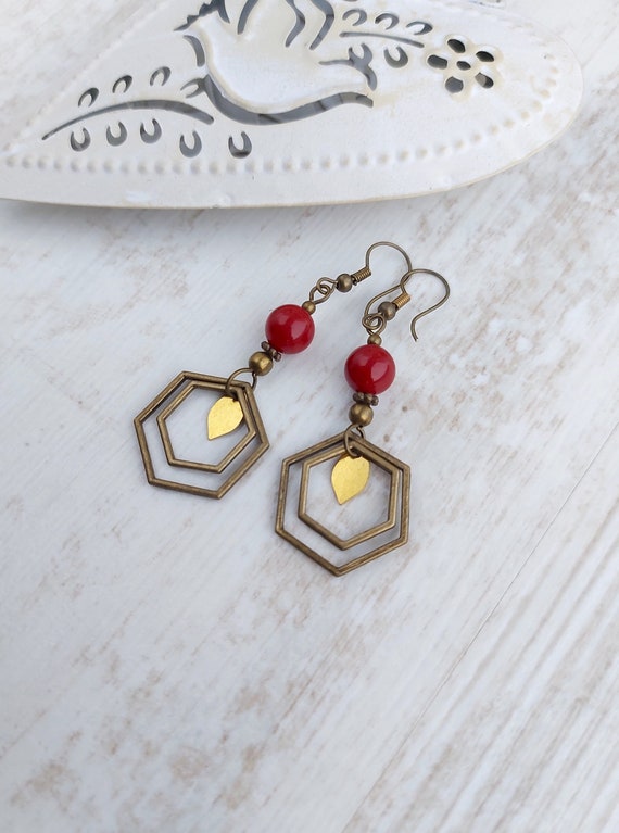 Bronze Hexagon Earrings, Bohemian Dangle Earrings, Ethnic Fashion, Red Jewellery, Long Drop, Lightweight, Brass Leaf, Tribal Style, Festival