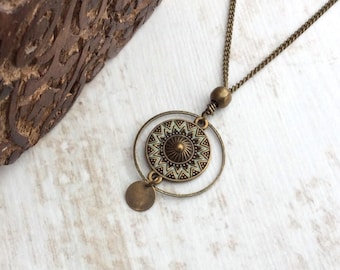 Ethnic Bronze Chain Necklace, Matching Earrings Available, Mandala Charm, Circle Necklace, Tribal, Fixed Pendant, Chain Length Options, UK