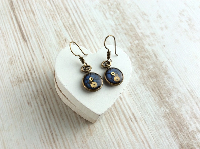 Small Blue Earrings, Blue Drop, Blue Earrings, Pocket Watch Earrings, Cute Earrings, Small Steampunk Earrings, Bronze, Unusual Earrings Bild 2