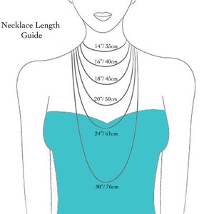 May include: A diagram illustrating necklace lengths, with measurements in inches and centimeters. The guide shows various chain lengths: 14"/35cm, 16"/40cm, 18"/45cm, 20"/50cm, 24"/61cm, and 30"/76cm. The text "Necklace Length Guide" is at the top.