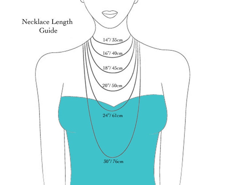 May include: A diagram illustrating necklace lengths, with measurements in inches and centimeters. The guide shows various chain lengths: 14"/35cm, 16"/40cm, 18"/45cm, 20"/50cm, 24"/61cm, and 30"/76cm. The text "Necklace Length Guide" is at the top.