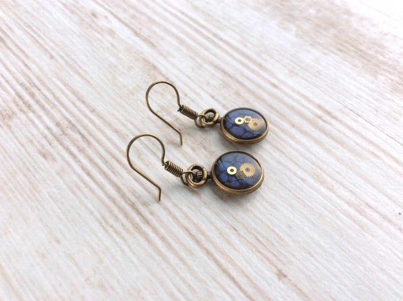 Small Blue Earrings, Blue Drop, Blue Earrings, Pocket Watch Earrings, Cute Earrings, Small Steampunk Earrings, Bronze, Unusual Earrings Bild 6