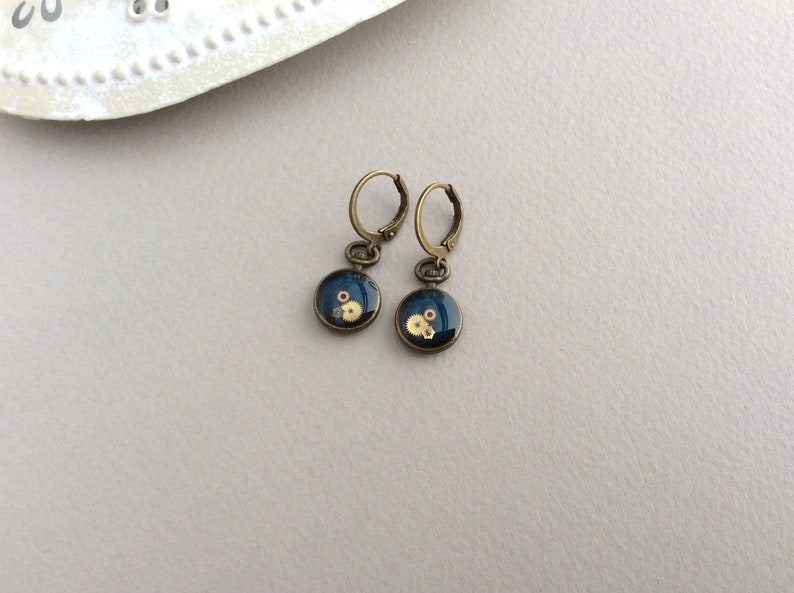 Small Blue Earrings, Blue Drop, Blue Earrings, Pocket Watch Earrings, Cute Earrings, Small Steampunk Earrings, Bronze, Unusual Earrings Bild 7