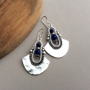 Tribal Earrings, Silver Drop Earrings, Dark Blue Bead Earrings, Ethnic Earrings, Boho Earrings UK, Long Drop, Large Earring, Sterling Silver immagine 6