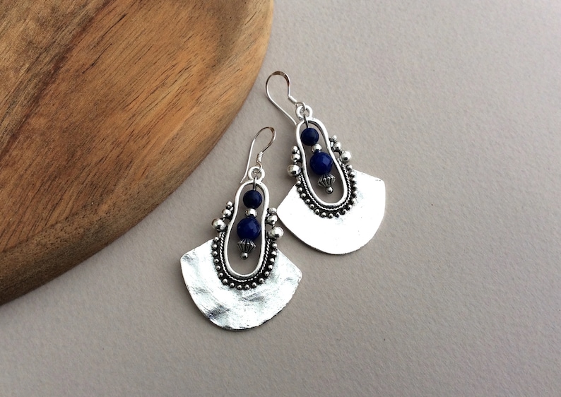 Tribal Earrings, Silver Drop Earrings, Dark Blue Bead Earrings, Ethnic Earrings, Boho Earrings UK, Long Drop, Large Earring, Sterling Silver image 6