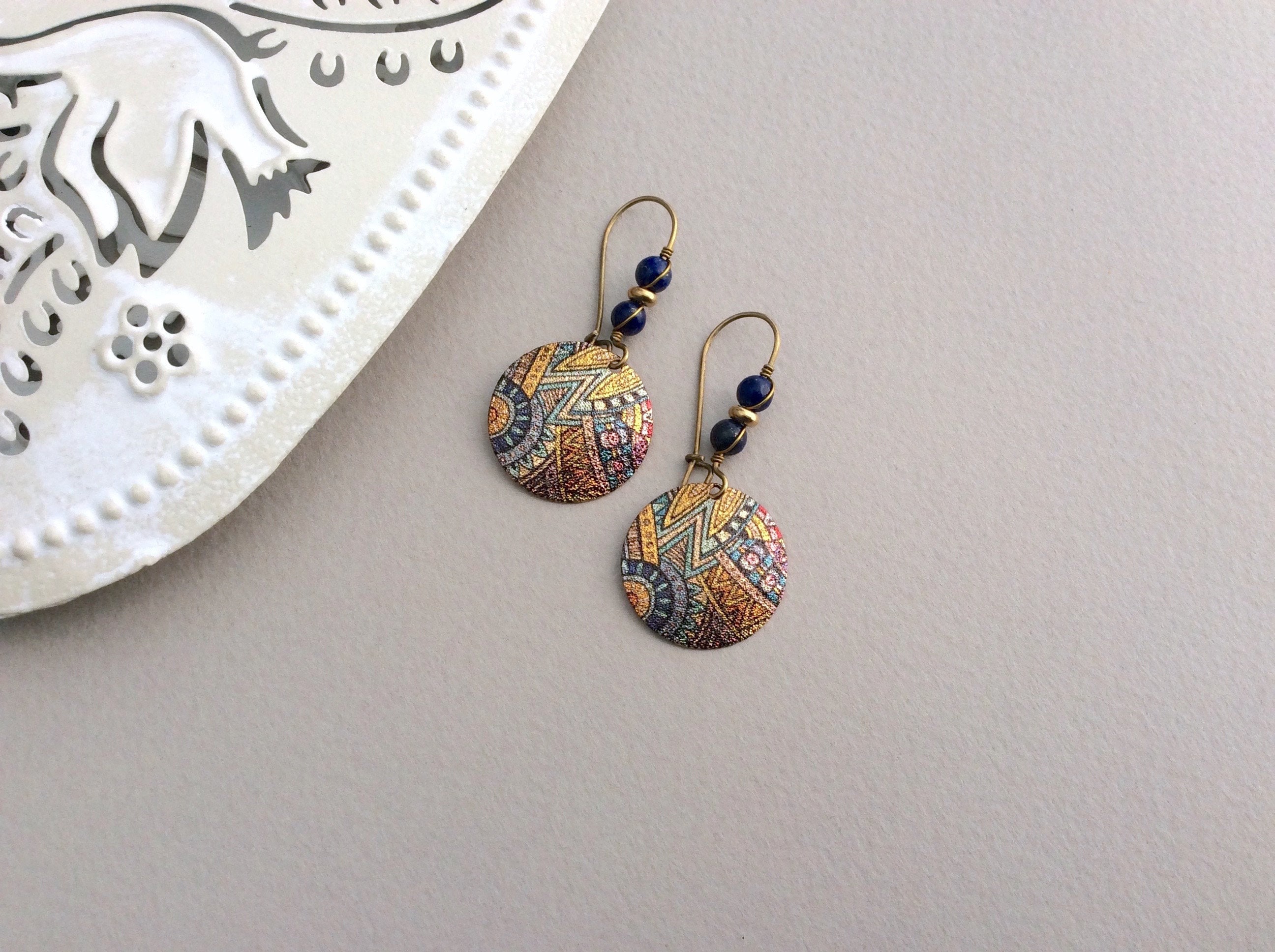 Lapis Lazuli Earrings, Ethnic Earrings, Blue and Gold, Bronze Kidney …