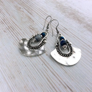 Tribal Earrings, Silver Drop Earrings, Dark Blue Bead Earrings, Ethnic Earrings, Boho Earrings UK, Long Drop, Large Earring, Sterling Silver image 3